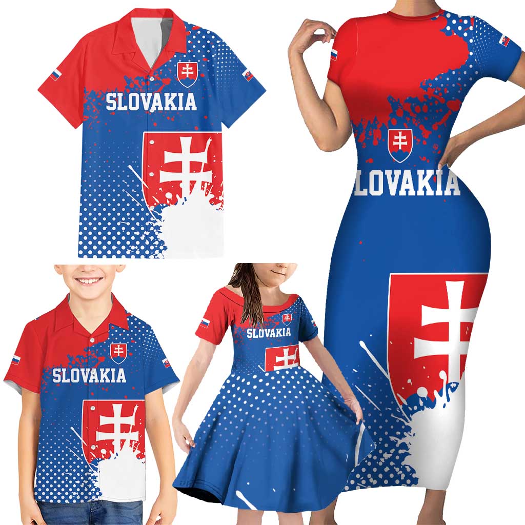 Personalized Slovakia Coat of Arms Family Matching Short Sleeve Bodycon Dress and Hawaiian Shirt Map Flag Style