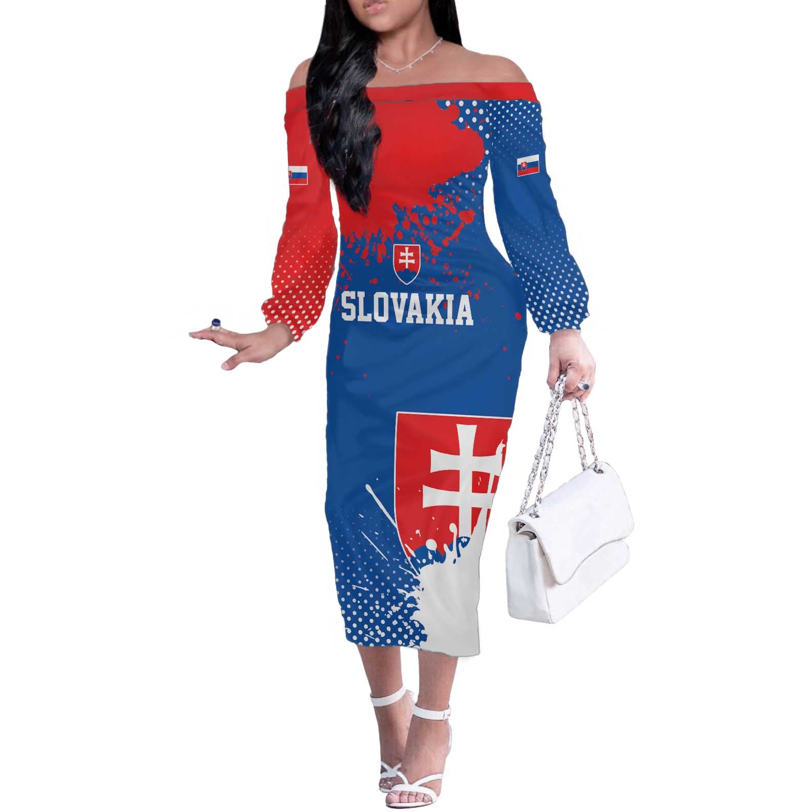 Personalized Slovakia Coat of Arms Off The Shoulder Long Sleeve Dress Map Flag Style