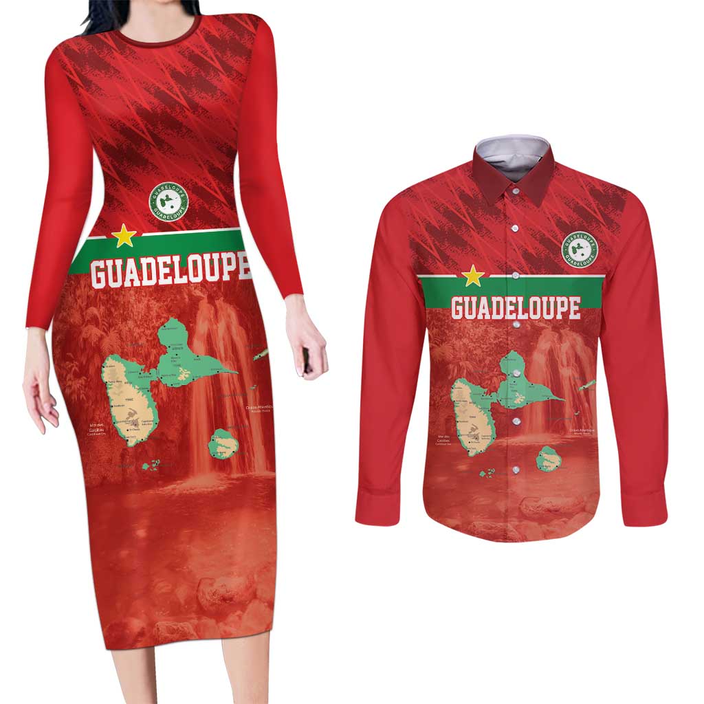 Custom Guadelope Football Couples Matching Long Sleeve Bodycon Dress and Long Sleeve Button Shirt Basse Terre Red Style