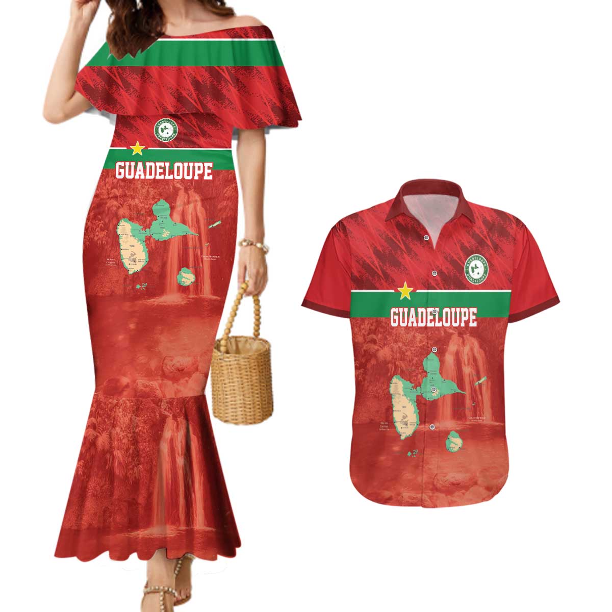 Custom Guadelope Football Couples Matching Mermaid Dress and Hawaiian Shirt Basse Terre Red Style