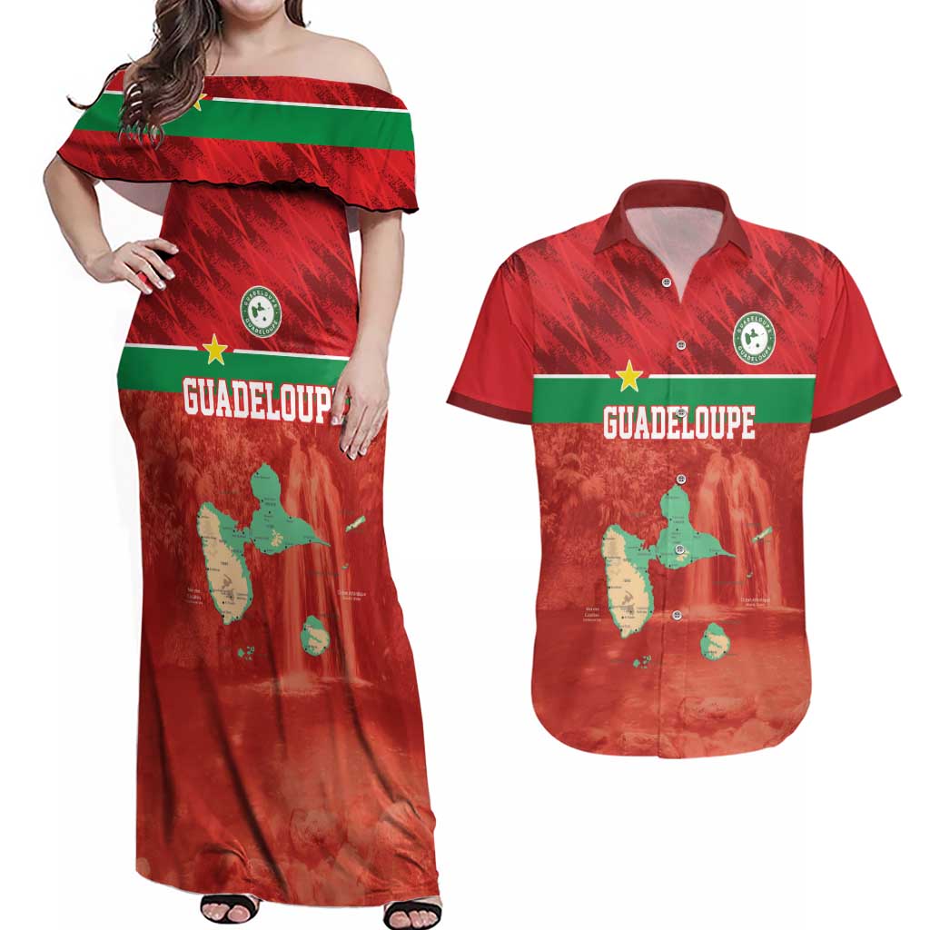 Custom Guadelope Football Couples Matching Off Shoulder Maxi Dress and Hawaiian Shirt Basse Terre Red Style
