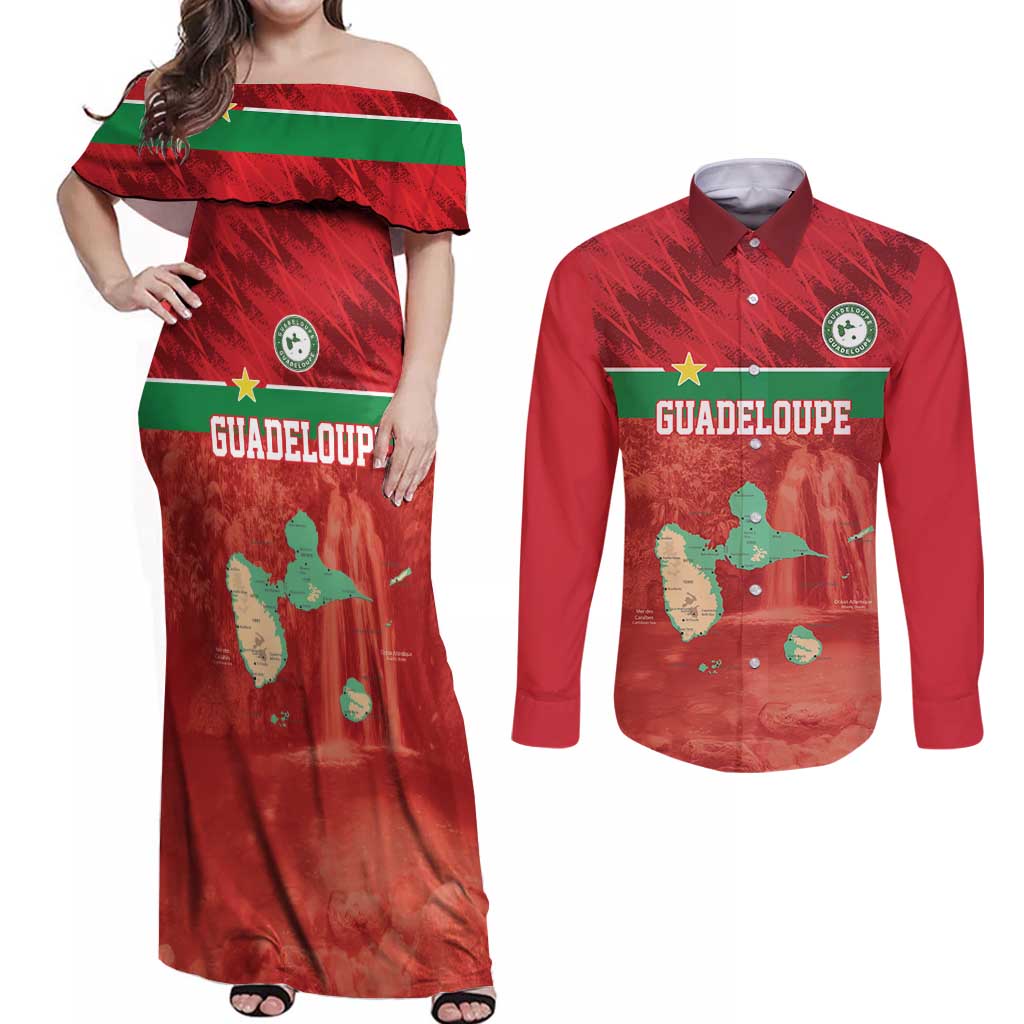 Custom Guadelope Football Couples Matching Off Shoulder Maxi Dress and Long Sleeve Button Shirt Basse Terre Red Style