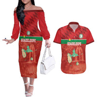 Custom Guadelope Football Couples Matching Off The Shoulder Long Sleeve Dress and Hawaiian Shirt Basse Terre Red Style