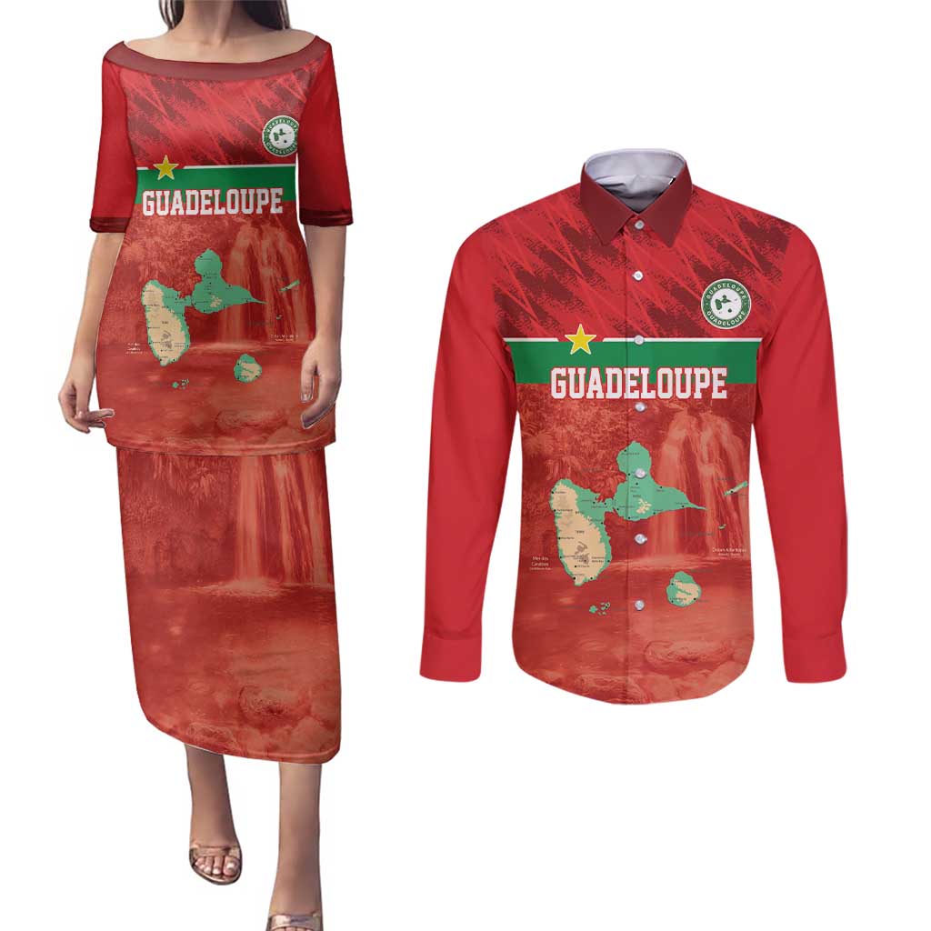 Custom Guadelope Football Couples Matching Puletasi and Long Sleeve Button Shirt Basse Terre Red Style