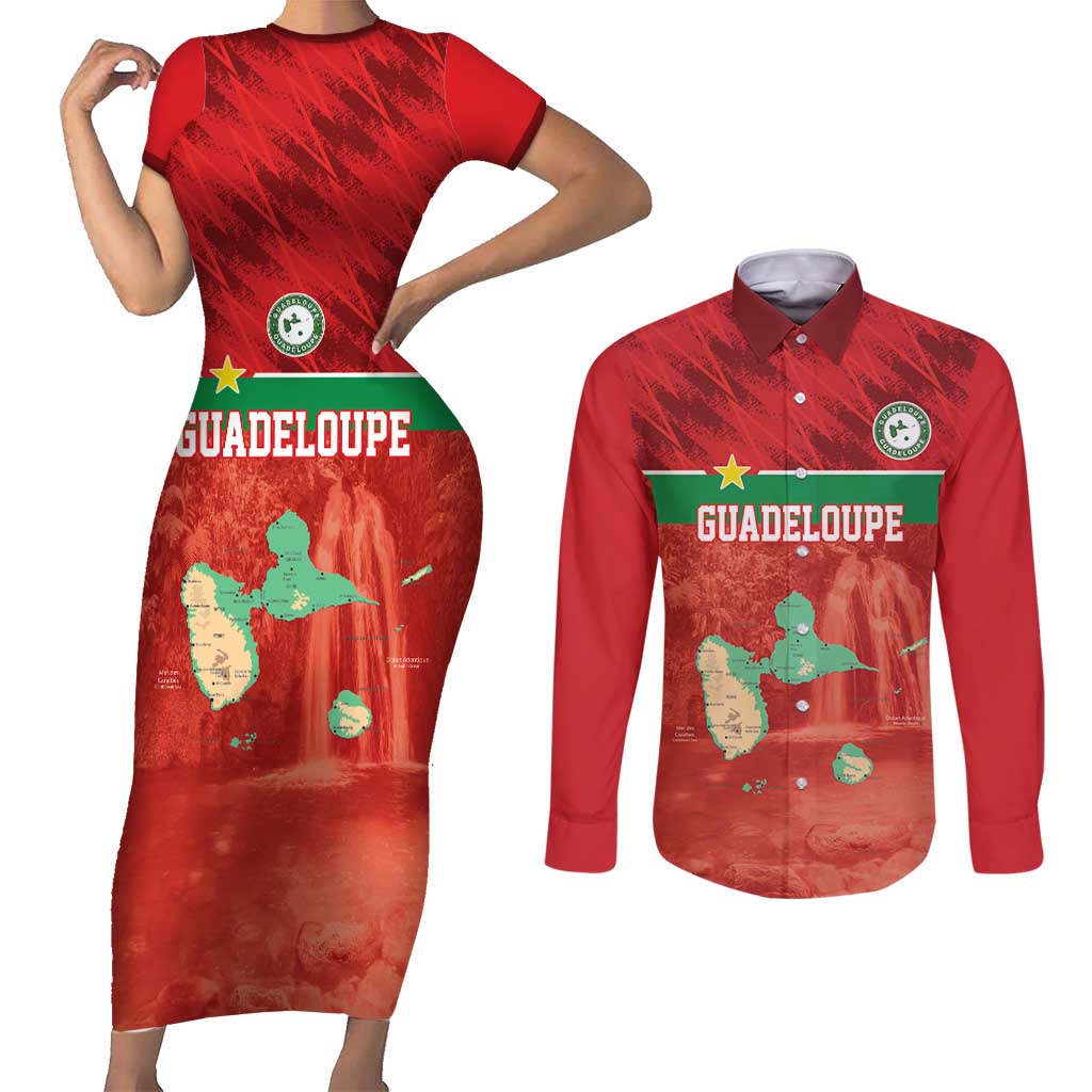 Custom Guadelope Football Couples Matching Short Sleeve Bodycon Dress and Long Sleeve Button Shirt Basse Terre Red Style