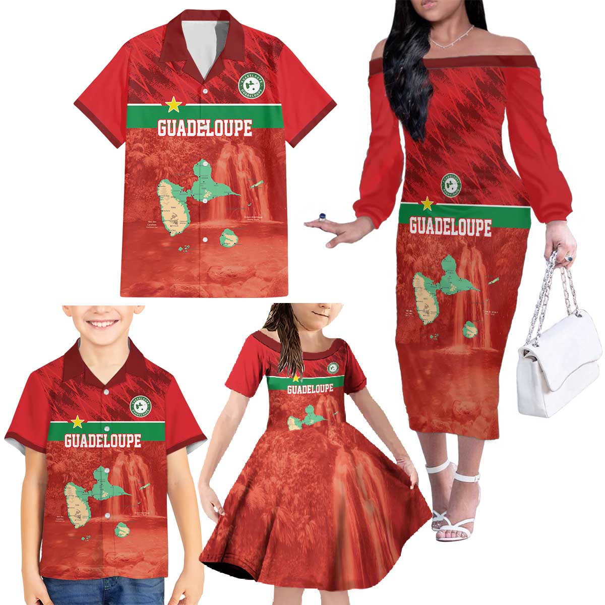 Custom Guadelope Football Family Matching Off The Shoulder Long Sleeve Dress and Hawaiian Shirt Basse Terre Red Style