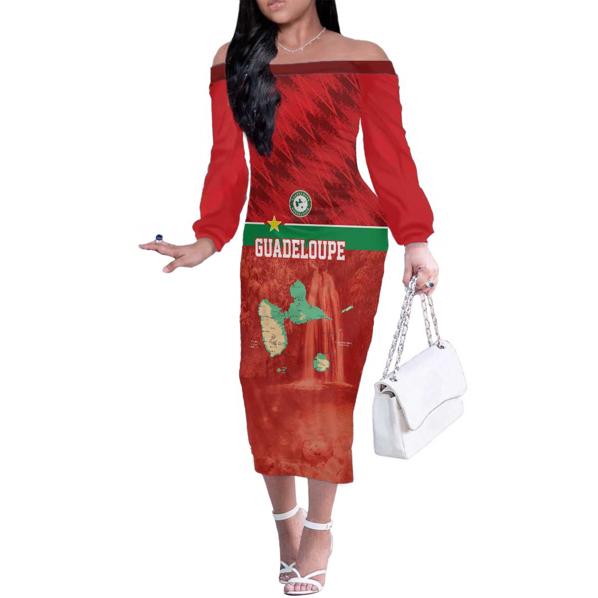 Custom Guadelope Football Family Matching Off The Shoulder Long Sleeve Dress and Hawaiian Shirt Basse Terre Red Style