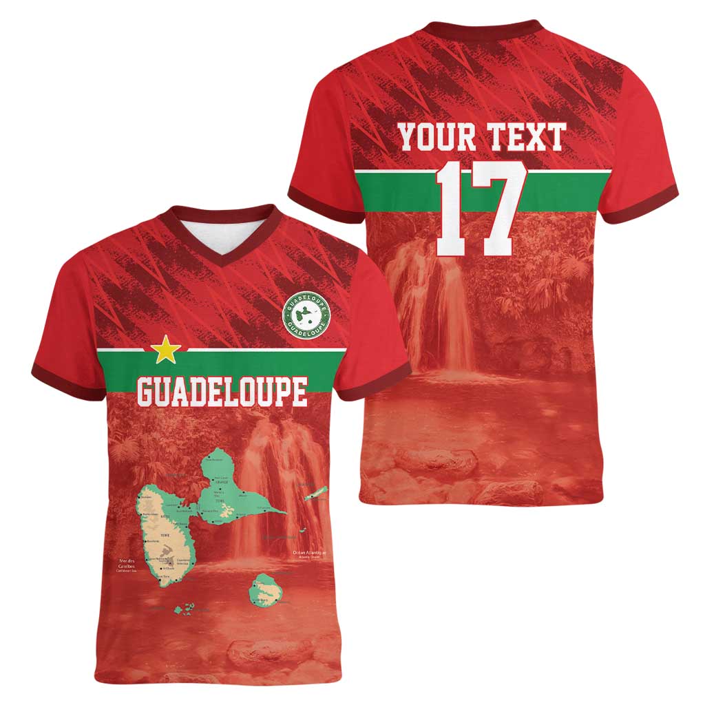 Custom Guadelope Football Women V-Neck T-Shirt Basse Terre Red Style