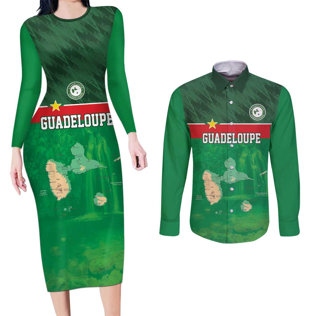 Custom Guadelope Football Couples Matching Long Sleeve Bodycon Dress and Long Sleeve Button Shirt Basse Terre Green Style