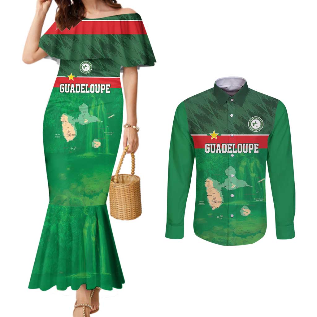Custom Guadelope Football Couples Matching Mermaid Dress and Long Sleeve Button Shirt Basse Terre Green Style