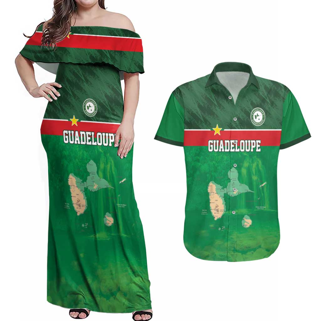 Custom Guadelope Football Couples Matching Off Shoulder Maxi Dress and Hawaiian Shirt Basse Terre Green Style