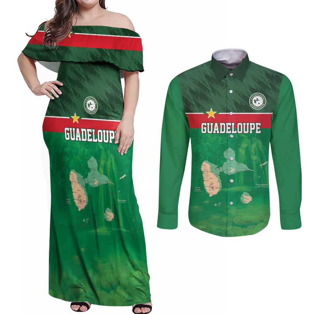 Custom Guadelope Football Couples Matching Off Shoulder Maxi Dress and Long Sleeve Button Shirt Basse Terre Green Style