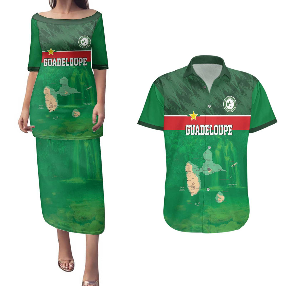 Custom Guadelope Football Couples Matching Puletasi and Hawaiian Shirt Basse Terre Green Style