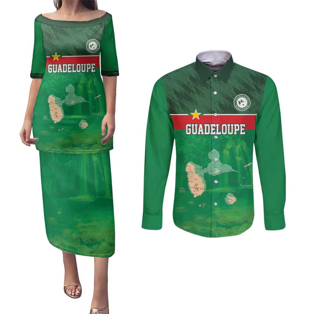 Custom Guadelope Football Couples Matching Puletasi and Long Sleeve Button Shirt Basse Terre Green Style