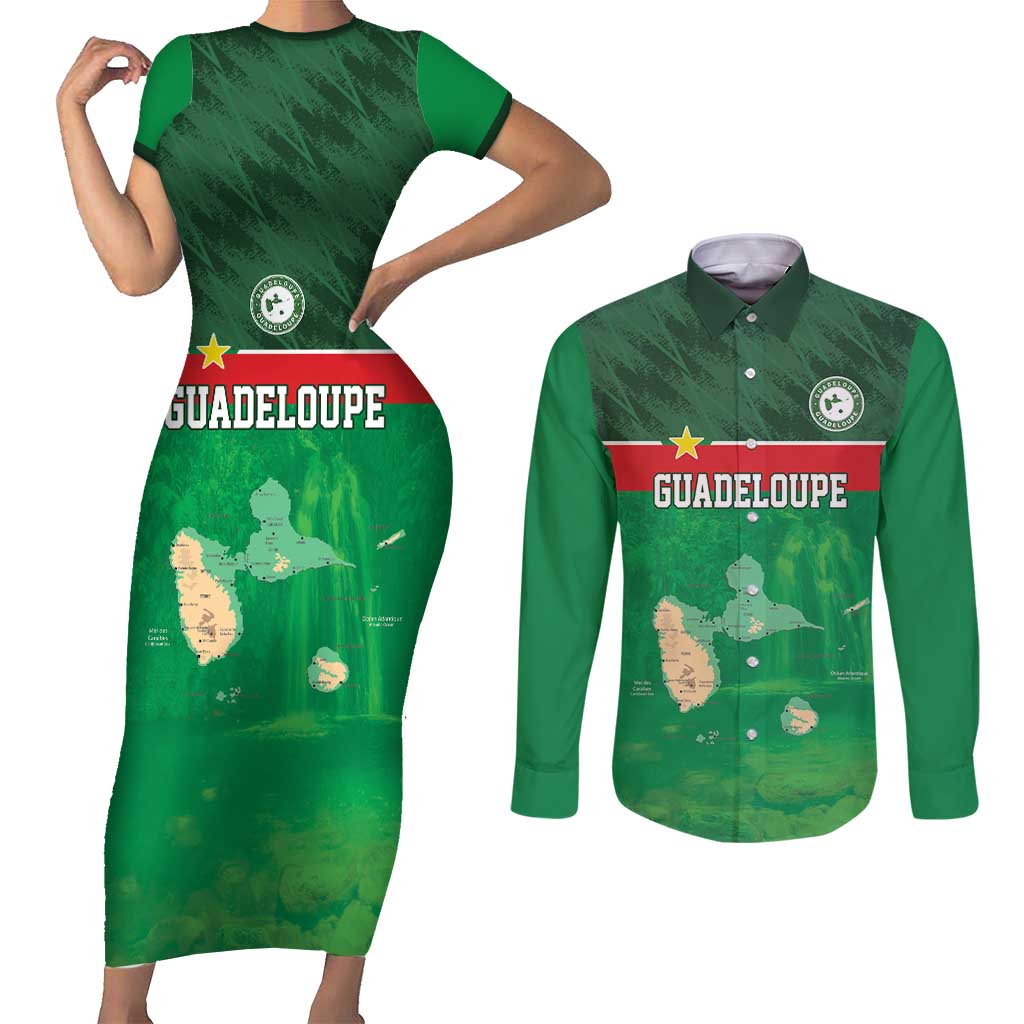 Custom Guadelope Football Couples Matching Short Sleeve Bodycon Dress and Long Sleeve Button Shirt Basse Terre Green Style