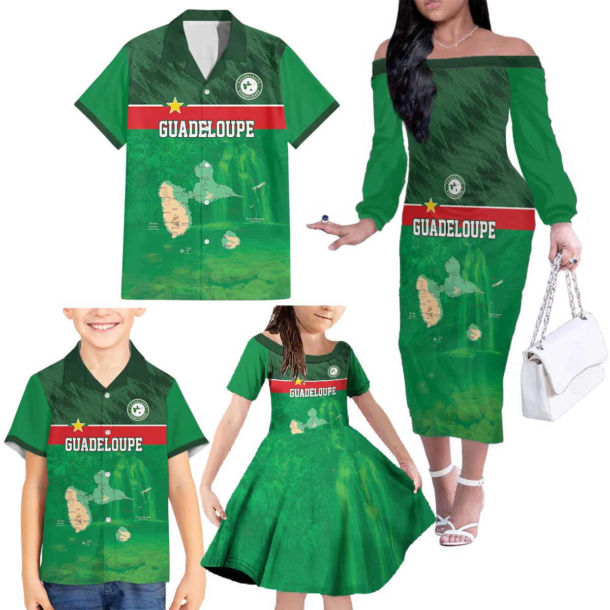 Custom Guadelope Football Family Matching Off The Shoulder Long Sleeve Dress and Hawaiian Shirt Basse Terre Green Style