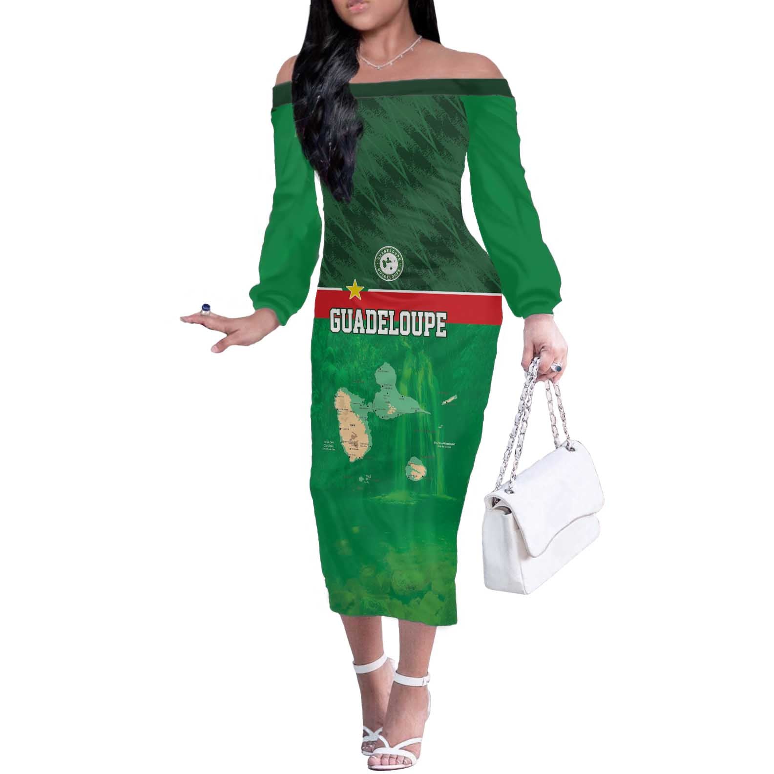 Custom Guadelope Football Off The Shoulder Long Sleeve Dress Basse Terre Green Style