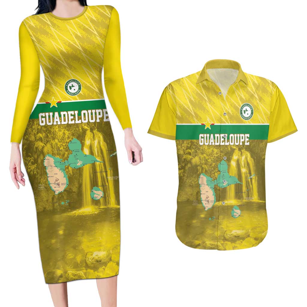 Custom Guadelope Football Couples Matching Long Sleeve Bodycon Dress and Hawaiian Shirt Basse Terre Yellow Style