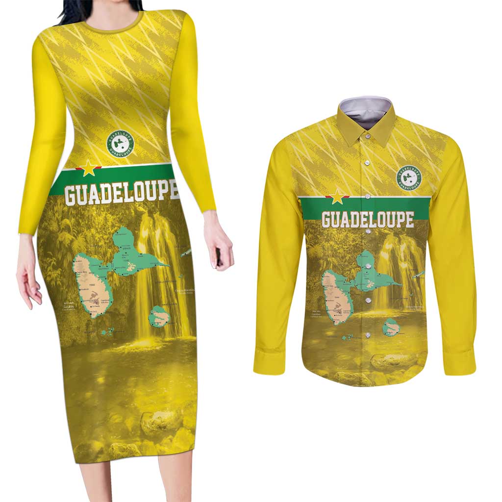 Custom Guadelope Football Couples Matching Long Sleeve Bodycon Dress and Long Sleeve Button Shirt Basse Terre Yellow Style