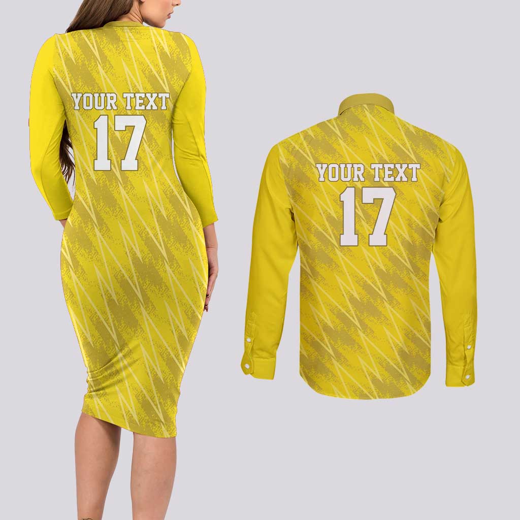 Custom Guadelope Football Couples Matching Long Sleeve Bodycon Dress and Long Sleeve Button Shirt Basse Terre Yellow Style