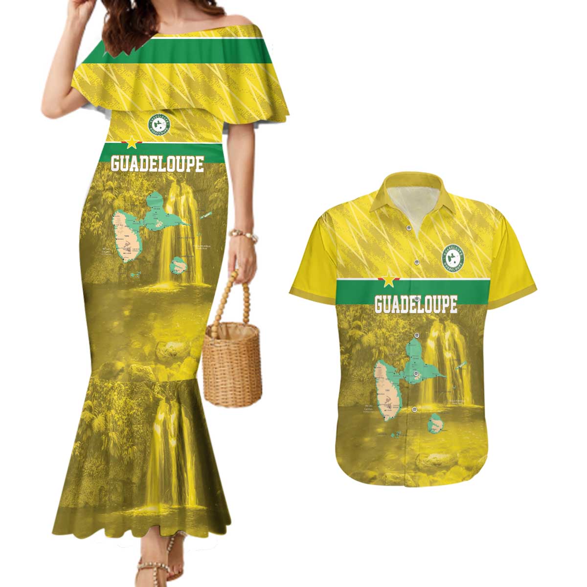 Custom Guadelope Football Couples Matching Mermaid Dress and Hawaiian Shirt Basse Terre Yellow Style