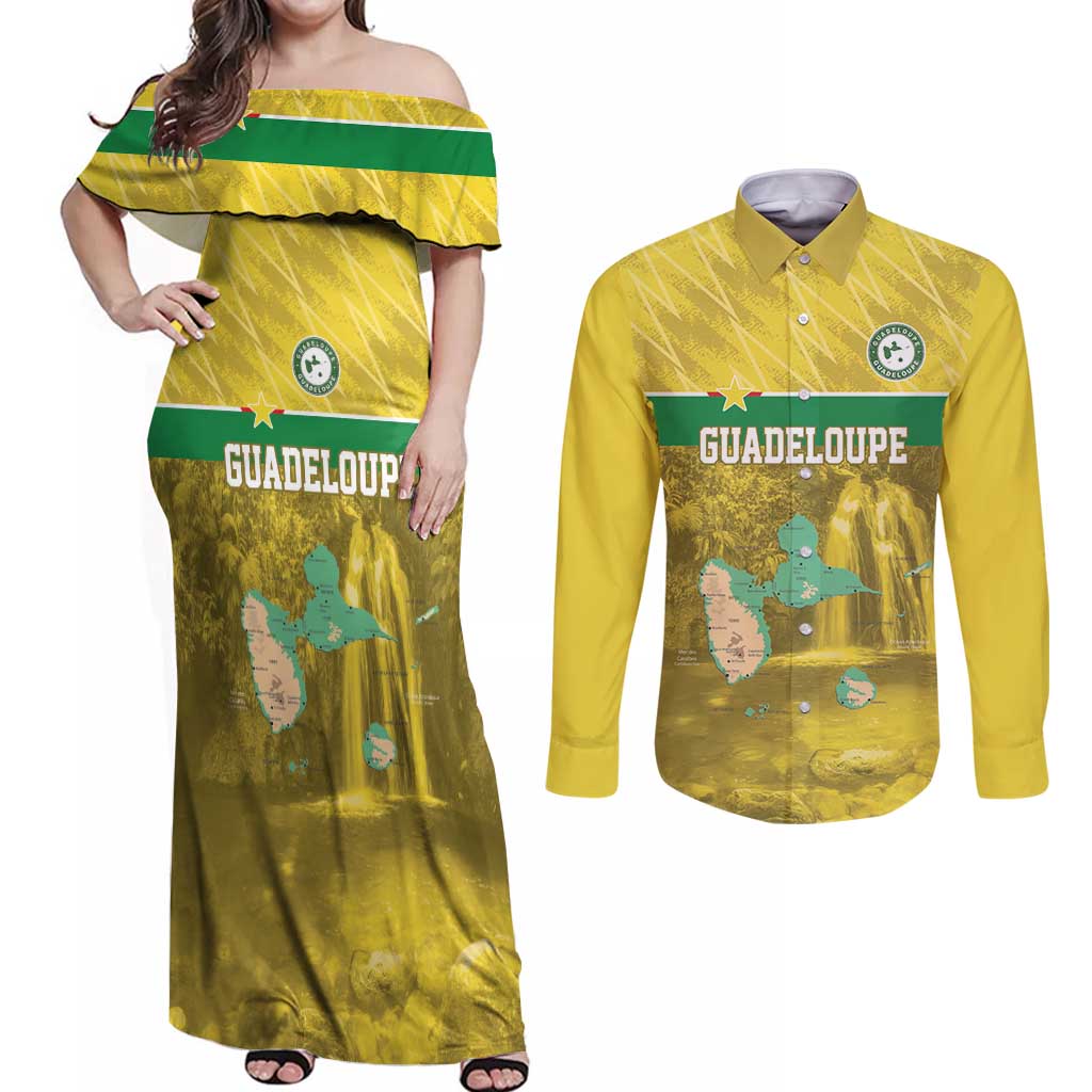 Custom Guadelope Football Couples Matching Off Shoulder Maxi Dress and Long Sleeve Button Shirt Basse Terre Yellow Style