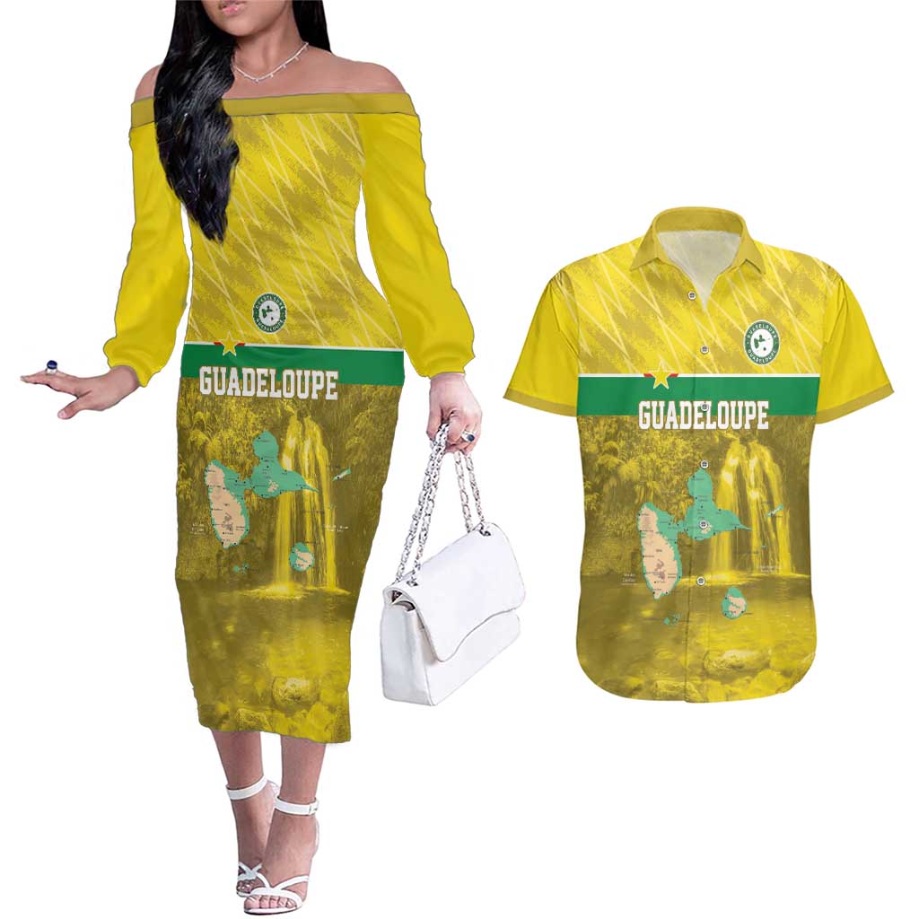 Custom Guadelope Football Couples Matching Off The Shoulder Long Sleeve Dress and Hawaiian Shirt Basse Terre Yellow Style