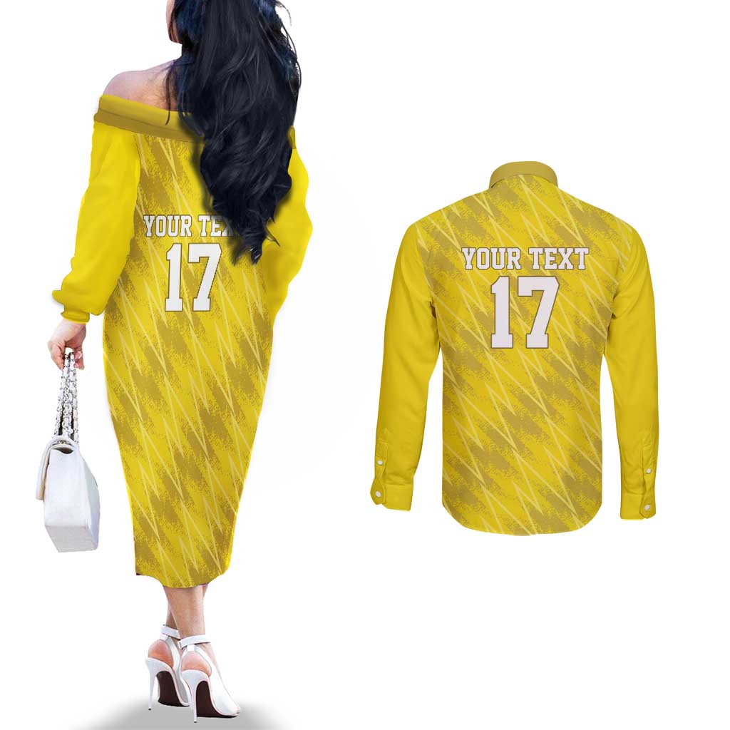 Custom Guadelope Football Couples Matching Off The Shoulder Long Sleeve Dress and Long Sleeve Button Shirt Basse Terre Yellow Style