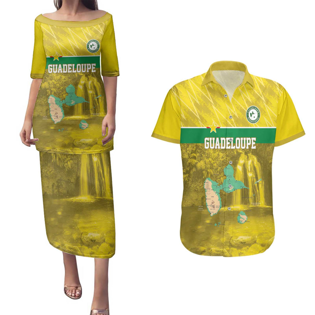 Custom Guadelope Football Couples Matching Puletasi and Hawaiian Shirt Basse Terre Yellow Style