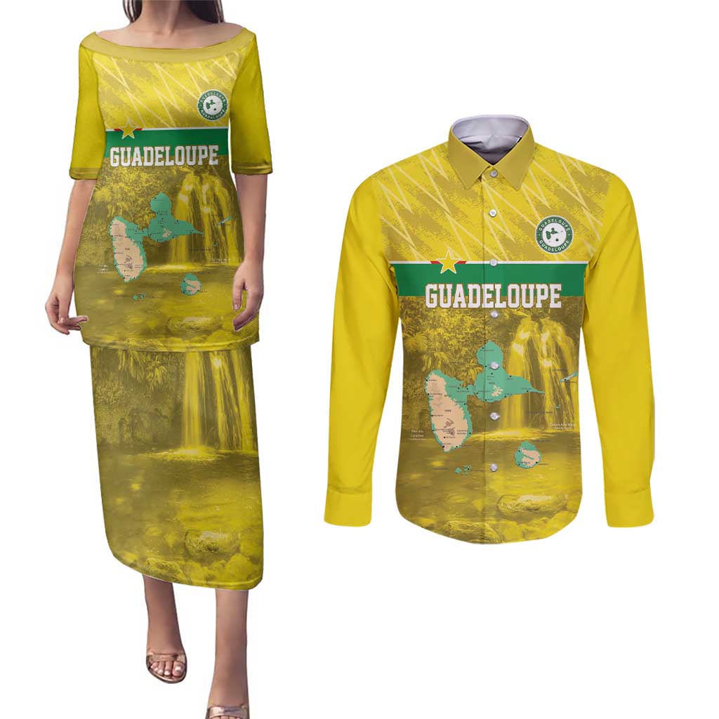 Custom Guadelope Football Couples Matching Puletasi and Long Sleeve Button Shirt Basse Terre Yellow Style