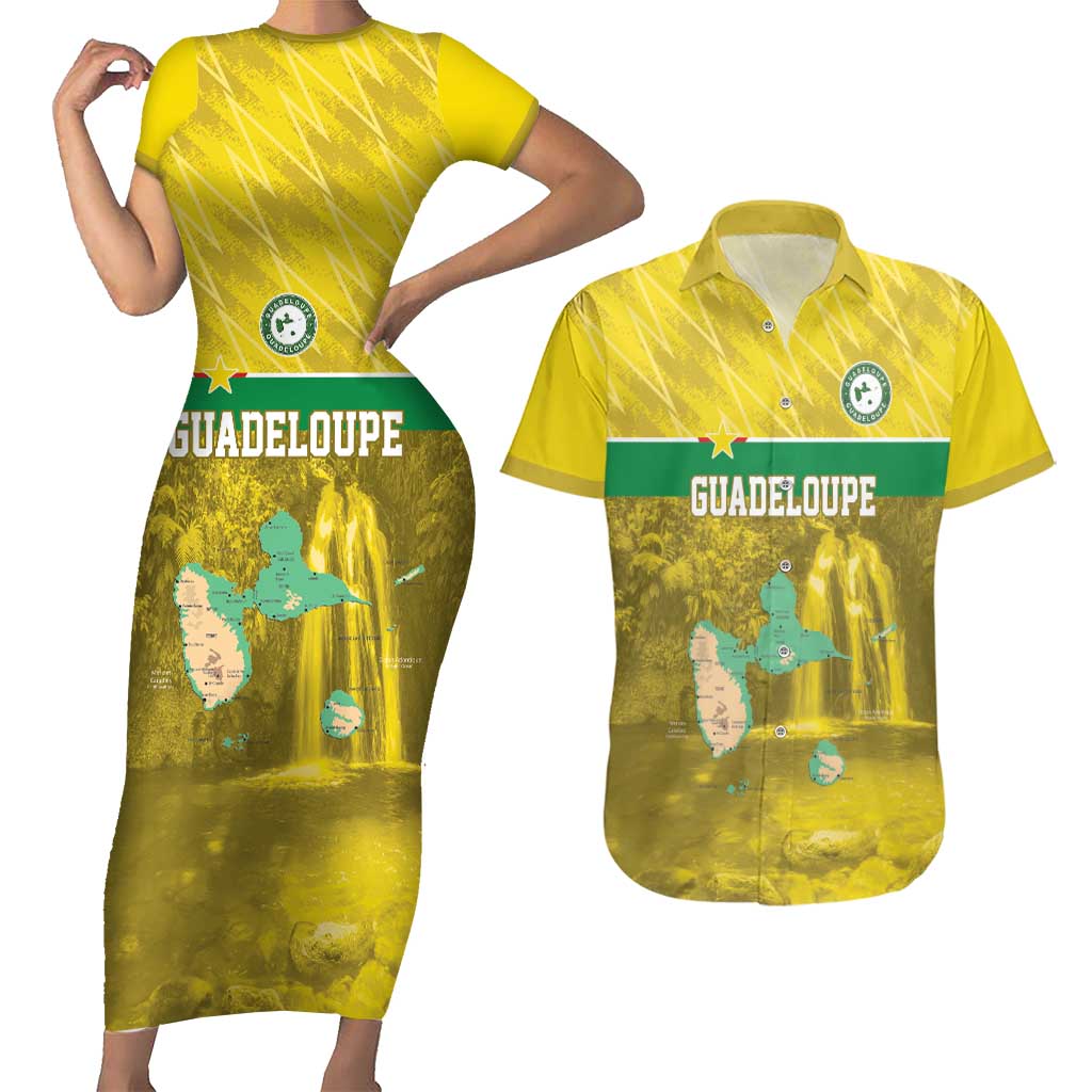 Custom Guadelope Football Couples Matching Short Sleeve Bodycon Dress and Hawaiian Shirt Basse Terre Yellow Style