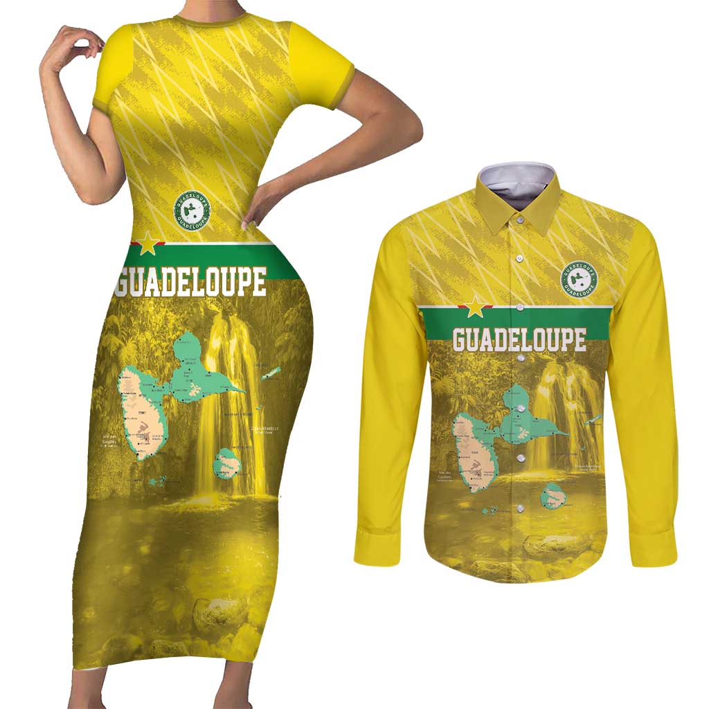 Custom Guadelope Football Couples Matching Short Sleeve Bodycon Dress and Long Sleeve Button Shirt Basse Terre Yellow Style