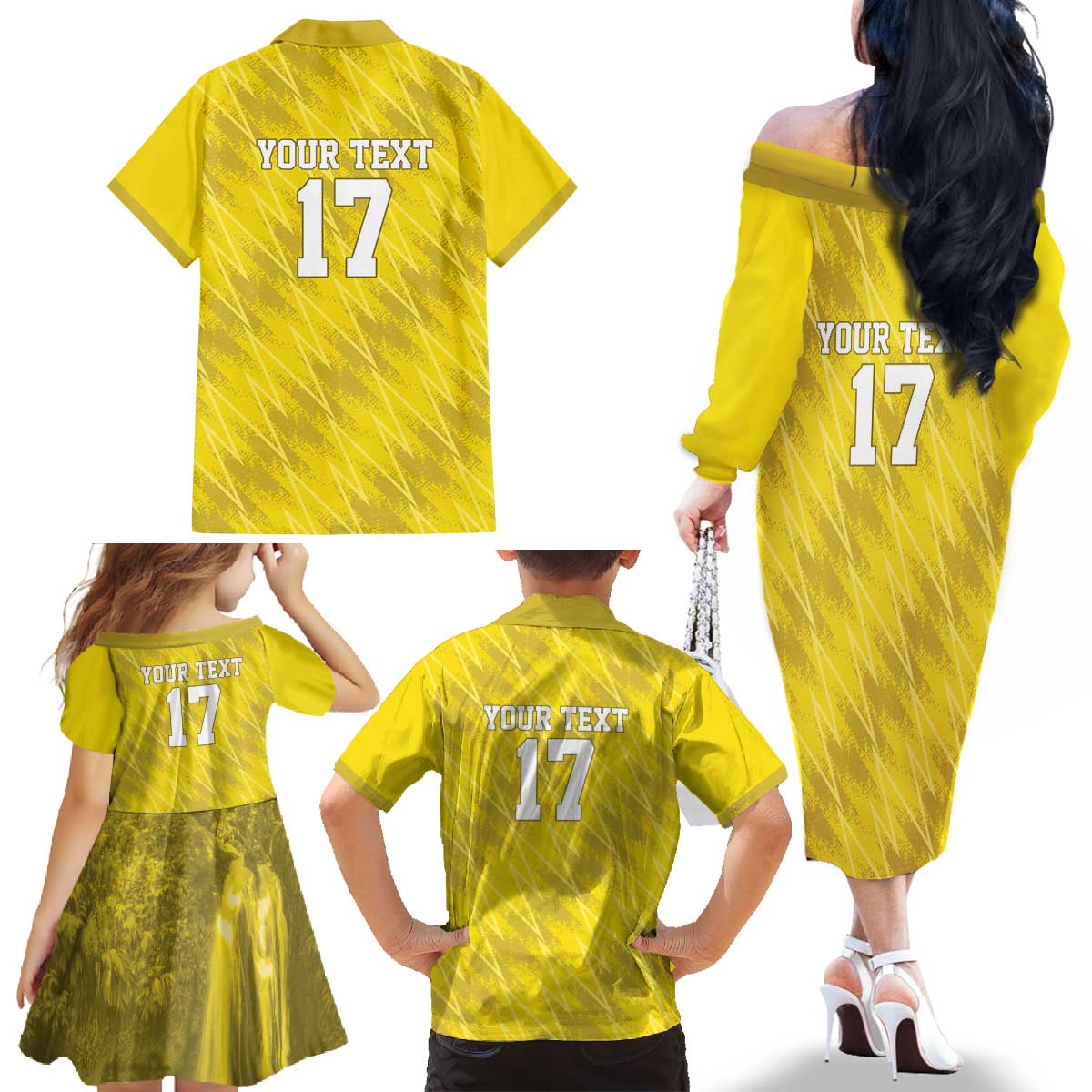 Custom Guadelope Football Family Matching Off The Shoulder Long Sleeve Dress and Hawaiian Shirt Basse Terre Yellow Style
