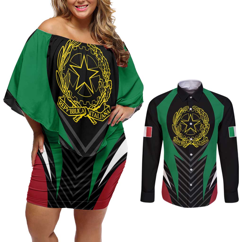 Italian Republic Couples Matching Off Shoulder Short Dress and Long Sleeve Button Shirt Simple Coat of Arms