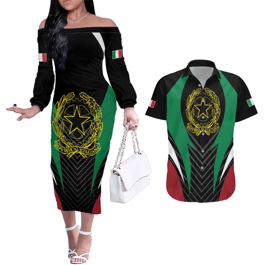 Italian Republic Couples Matching Off The Shoulder Long Sleeve Dress and Hawaiian Shirt Simple Coat of Arms