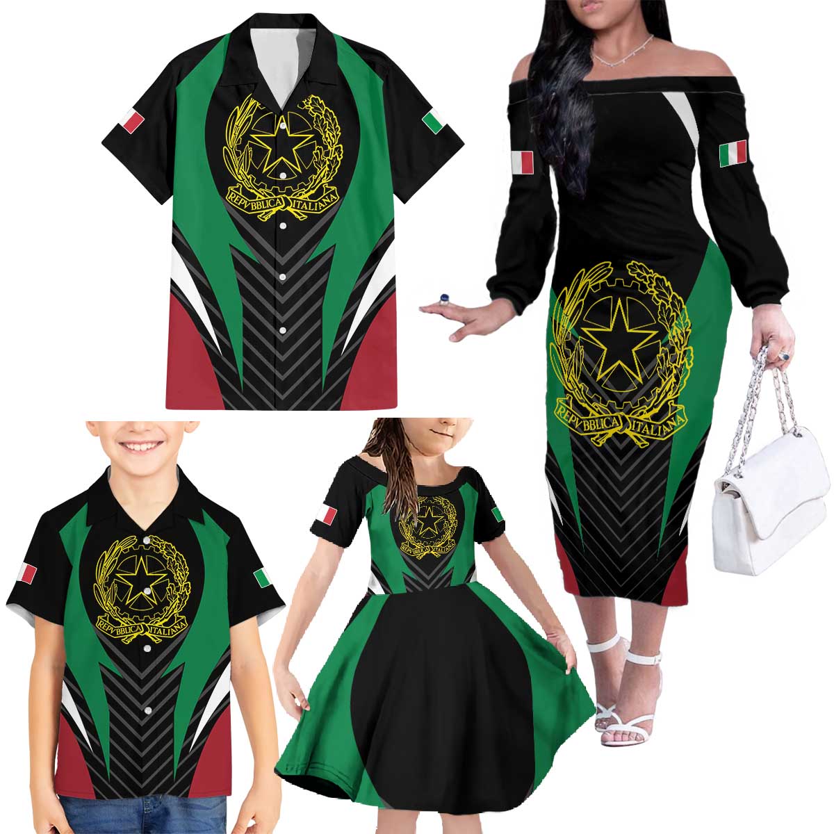 Italian Republic Family Matching Off The Shoulder Long Sleeve Dress and Hawaiian Shirt Simple Coat of Arms