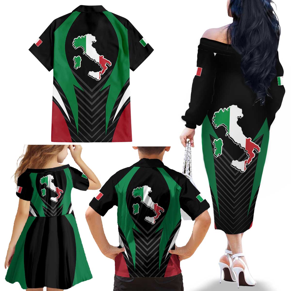 Italian Republic Family Matching Off The Shoulder Long Sleeve Dress and Hawaiian Shirt Simple Coat of Arms