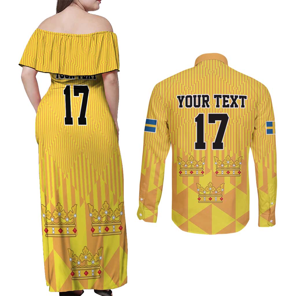 Custom Sweden Ice Hokey Go Champions Couples Matching Off Shoulder Maxi Dress and Long Sleeve Button Shirt Gold Style