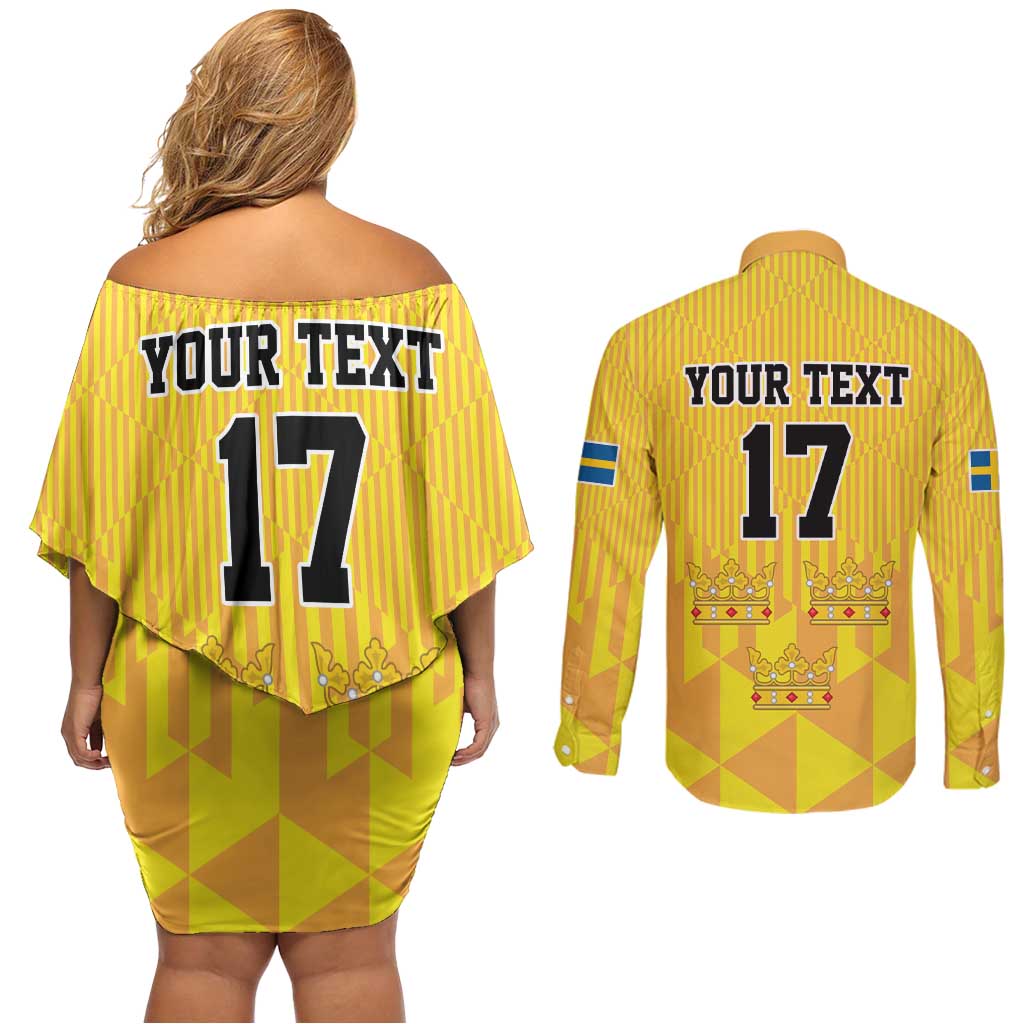 Custom Sweden Ice Hokey Go Champions Couples Matching Off Shoulder Short Dress and Long Sleeve Button Shirt Gold Style