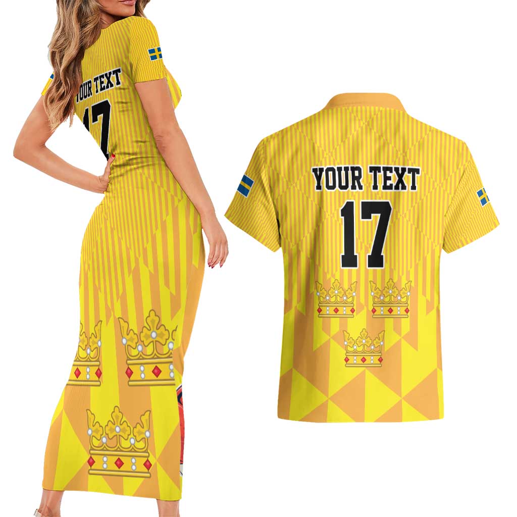 Custom Sweden Ice Hokey Go Champions Couples Matching Short Sleeve Bodycon Dress and Hawaiian Shirt Gold Style
