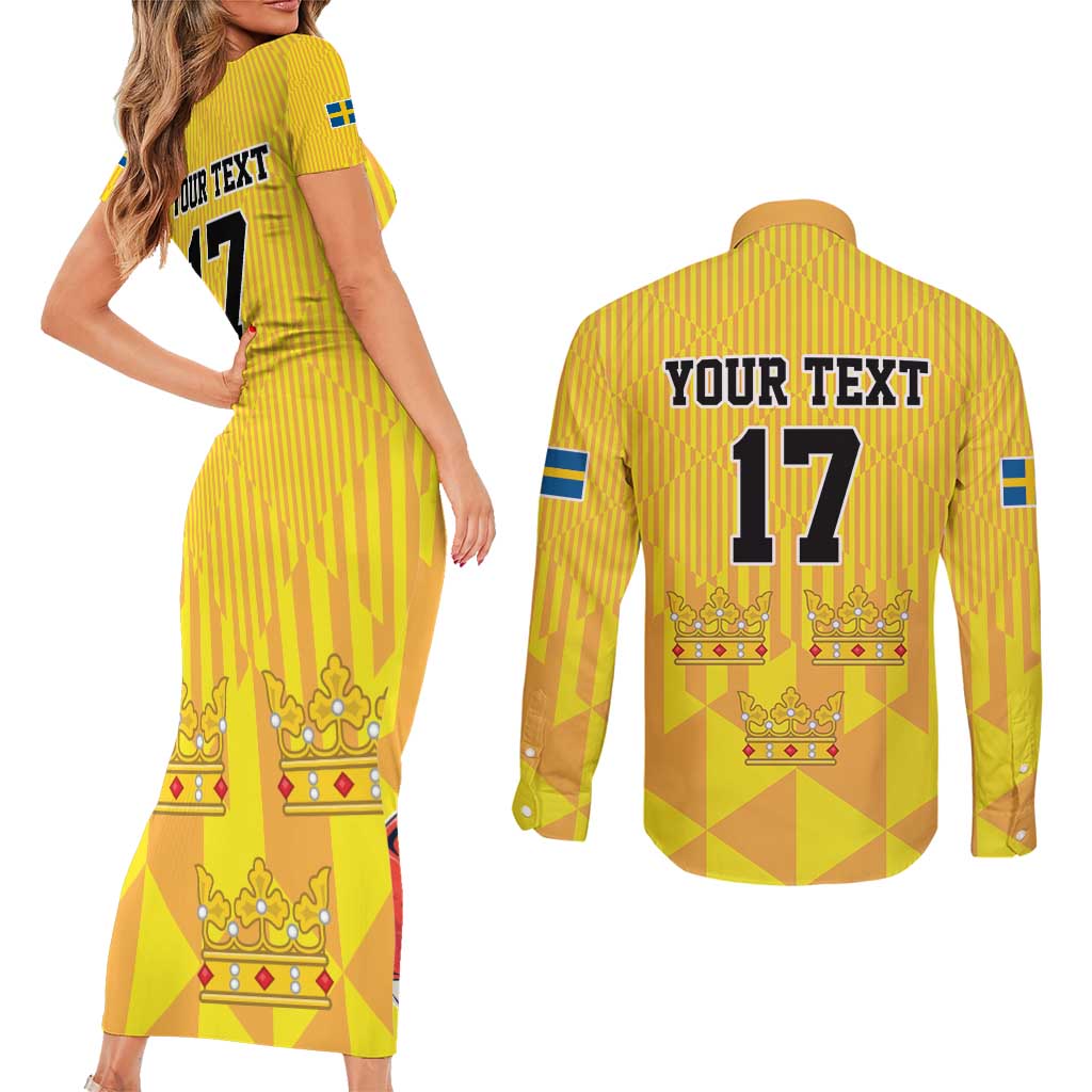 Custom Sweden Ice Hokey Go Champions Couples Matching Short Sleeve Bodycon Dress and Long Sleeve Button Shirt Gold Style