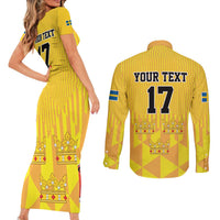 Custom Sweden Ice Hokey Go Champions Couples Matching Short Sleeve Bodycon Dress and Long Sleeve Button Shirt Gold Style