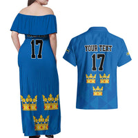 Custom Sweden Ice Hokey Go Champions Couples Matching Off Shoulder Maxi Dress and Hawaiian Shirt Blue Style