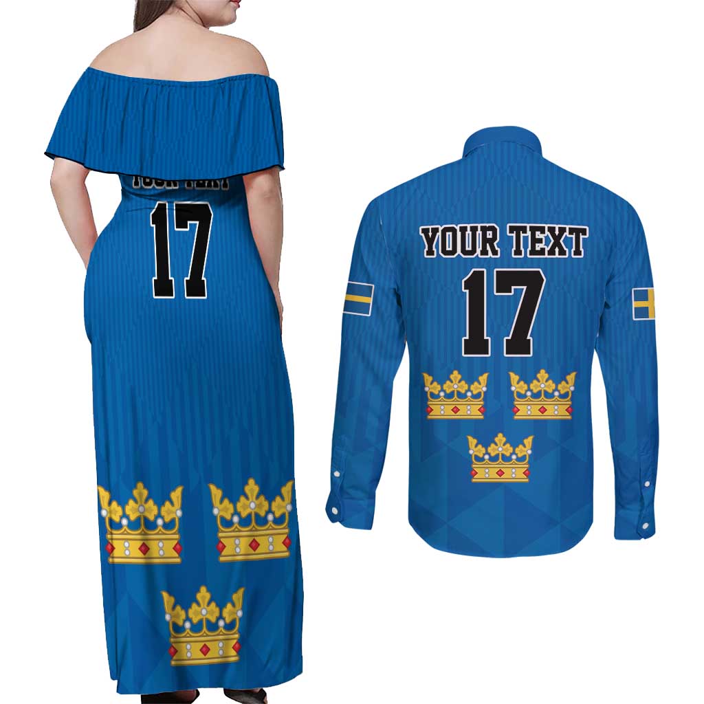 Custom Sweden Ice Hokey Go Champions Couples Matching Off Shoulder Maxi Dress and Long Sleeve Button Shirt Blue Style