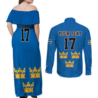 Custom Sweden Ice Hokey Go Champions Couples Matching Off Shoulder Maxi Dress and Long Sleeve Button Shirt Blue Style