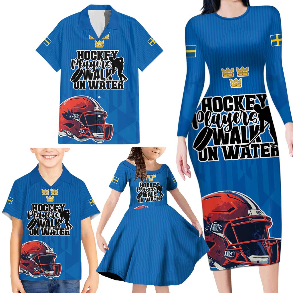 Custom Sweden Ice Hokey Go Champions Family Matching Long Sleeve Bodycon Dress and Hawaiian Shirt Blue Style