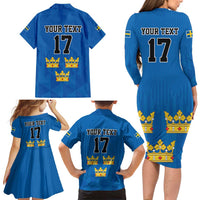 Custom Sweden Ice Hokey Go Champions Family Matching Long Sleeve Bodycon Dress and Hawaiian Shirt Blue Style