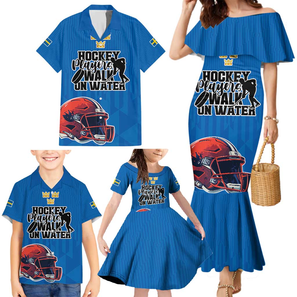 Custom Sweden Ice Hokey Go Champions Family Matching Mermaid Dress and Hawaiian Shirt Blue Style