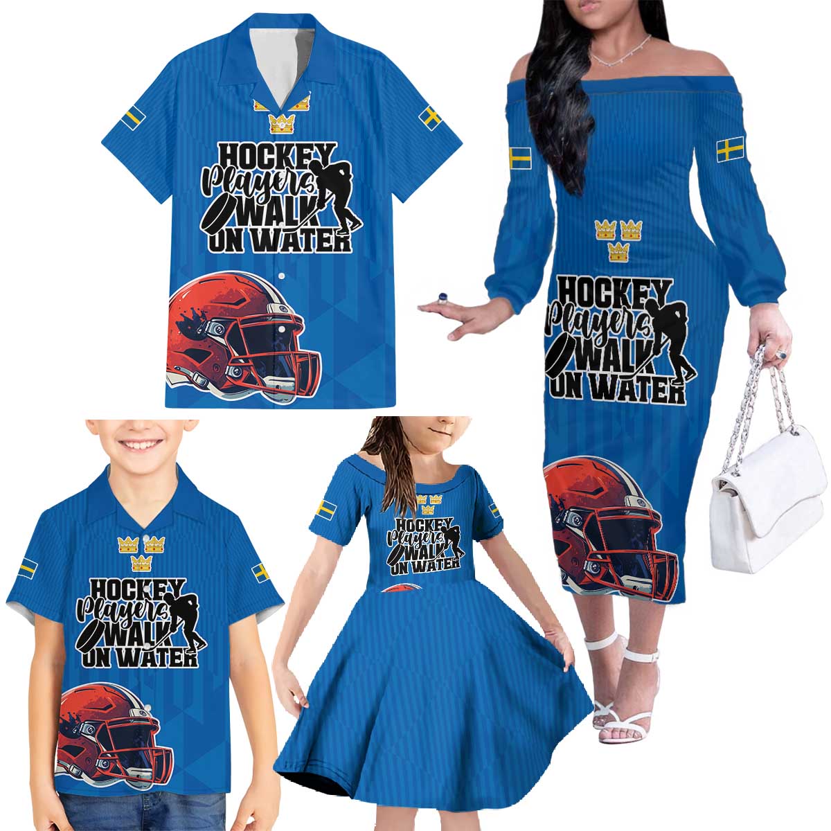 Custom Sweden Ice Hokey Go Champions Family Matching Off The Shoulder Long Sleeve Dress and Hawaiian Shirt Blue Style