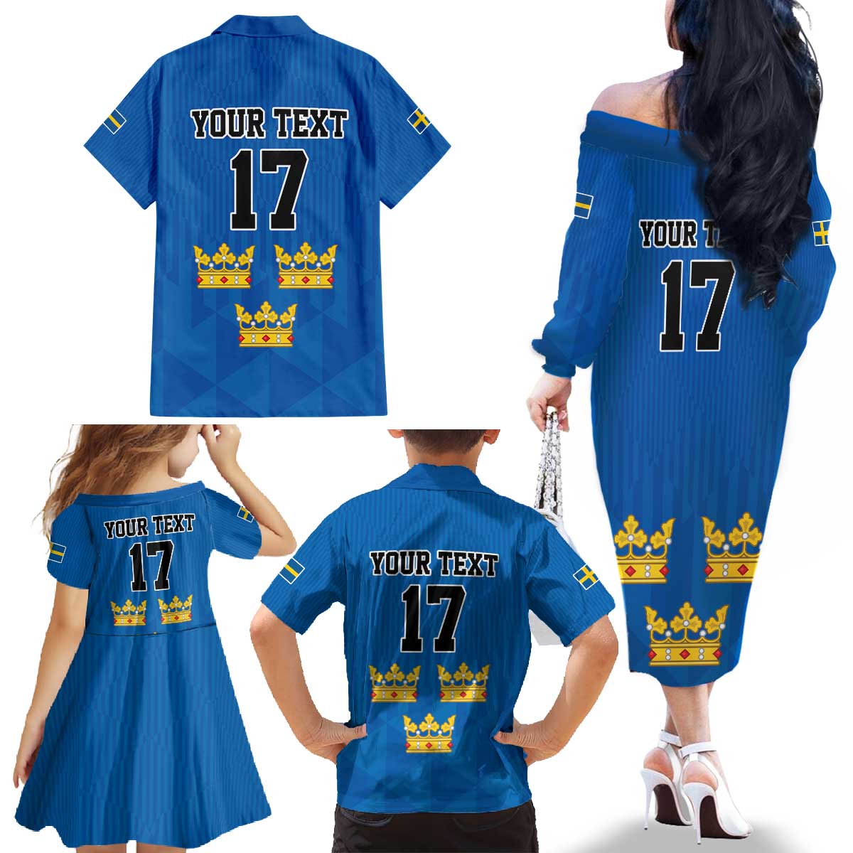 Custom Sweden Ice Hokey Go Champions Family Matching Off The Shoulder Long Sleeve Dress and Hawaiian Shirt Blue Style